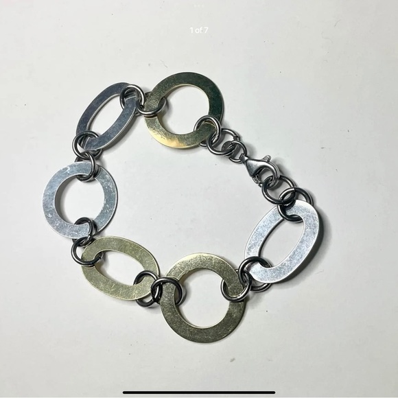 Sterling Silver Italy Large Flat Links Bracelet 7.5” 2Tone Silver - Picture 2 of 7